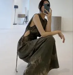 サイドホールインク柄マキシロングワンピース