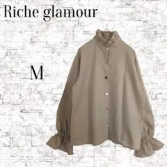 【リシェグラマー】スタンドカラー　 長袖　シャツ 　ベージュ　ボタンビジュー　M