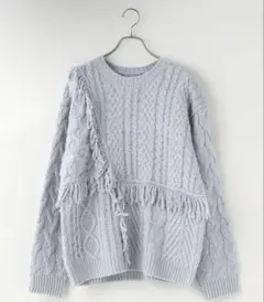 LOWRYS FARM ケーブルフリンジ　LONG丈　ブルー