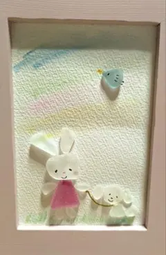 シーグラスアート『うさぎさんとお散歩犬』
