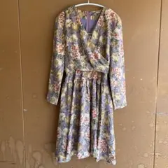 希少ヴィンテージ 古着花柄 長袖ラップワンピース 紫系