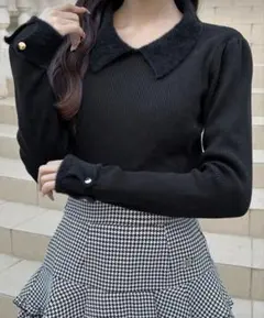 shein リブ編み ブラックニット 襟付き