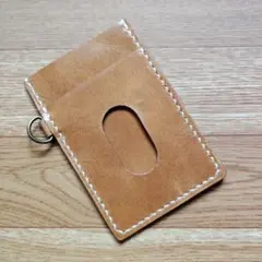 パスケース 牛革 ヌメ革 ICカード 定期入れ 手縫い ハンドメイド キャメル