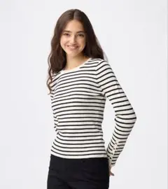 ボーダーリブニット　スリーブボタン