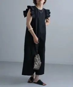 ap retro フリルノースリーブオールインワン　ブラック　ワイド