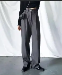 【美品】太ベルトハイウエストウールライクカラータックスラックス　XSサイズ