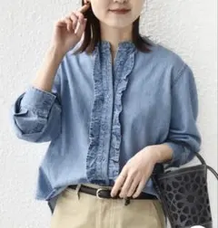 極美品✨ ネイビー❤️ 洗える ラメ ドビー ギャザー パフ スリーブ 