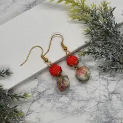 水引 あわじ玉結び 折り紙レジン 風船 ピアス 赤