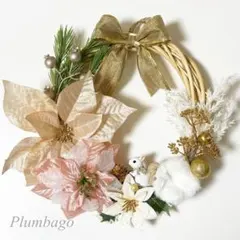 ピンク/ゴールドポインセチア&リスのハンドメイドクリスマスリース