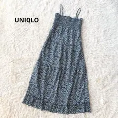 ユニクロ 小花柄キャミソールワンピ マキシ ブルー L フリル ティアード 春夏