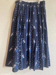 ネイビー花柄プリーツロングスカート　チロル　レトロ　古着