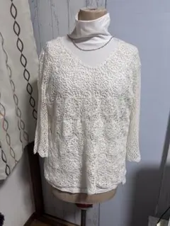 アイボリー レース編み 五分袖 トップス