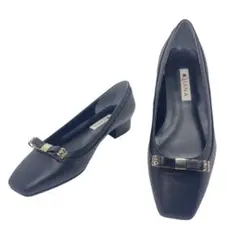 DIANA ダイアナ 22.5cm スクエアトゥ パンプス リボン付き 黒 金