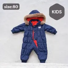 ジャンプスーツ　スノーウェア　中綿　キッズ　フード付き　ファー　ネイビー　防寒