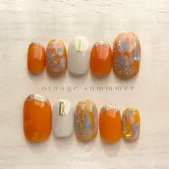 人気！オレンジ 派手 青 キラキラ オレンジネイル ライブ 推し活 夏 海