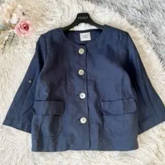 NIMES ノーカラージャケット F 未使用級 シェルボタン 麻 クロップド袖のサムネイル