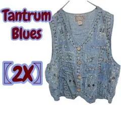 Tantrum Blues 刺繍入りベスト 〖2X〗 デニムベスト ウッドボタン