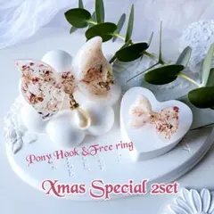 レジン　リボンモチーフポニーフック＆リング 特別セット価格　12／31まで