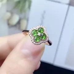 天然ディオプサイド 四つ葉モチーフヴィンテージ S925銀 18KGP リング