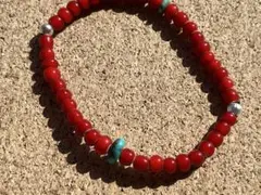 M 14-17cmアンティークホワイトハーツシルバーターコイズビーズブレスレット