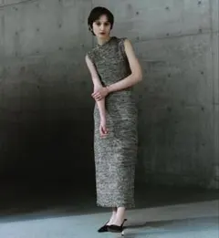 【anuans】ニットワンピース/ロング/ドレス/フリンジ/ブラック/ノースリ