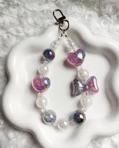 ビーズキーホルダー　黒　紫　ストラップ　ハンドメイド