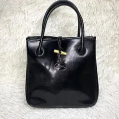 ロンシャン ハンドバッグ 黒 エナメル バンブー 金具 フランス製 ヴィンテージ