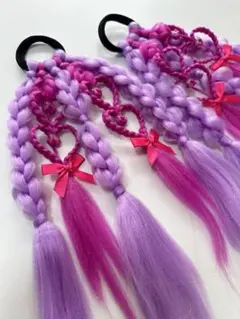 紫とピンクのハート型ヘアゴムエクステ