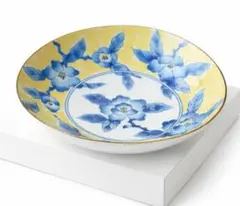 青と黄色の花柄の丸型皿