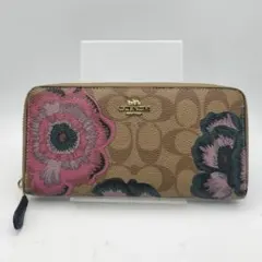 コーチ　長財布　財布　ウォレット　花柄　シグネチャー　ブラウン