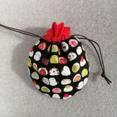 まんまるミニ巾着袋303　中　横12cm シマエナガと和菓子　赤