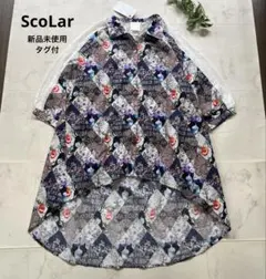 新品未使用タグ付　ScoLar 花と蝶のアップリケ柄ロングシャツ　チュニック　Mのサムネイル
