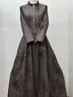 着物リメイク　大島紬ワンピース　前ボタン　 Lサイズ