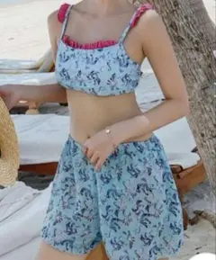 未使用★花柄ブルーピンクフリル水着３点セットSAINT FILLE サイズL