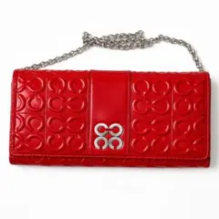 COACH チェーン付 長財布 レッド エナメル