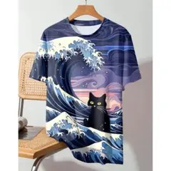 波と黒猫のグラフィックTシャツ