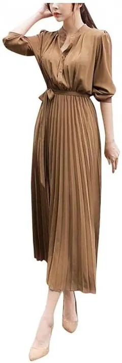 M プリーツフレアワンピース ロング シフォン 着痩せ 長袖 春 夏 大人