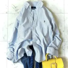 美品【XL相当】ラルフローレン　コットン　オックスフォードストライプシャツ　刺繍