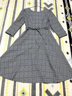 春〜秋　レディース　グレー　ワンピース　チェック柄