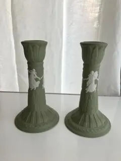 WEDGWOODジャスパー　キャンドルホルダー ペア　グリーン　イギリスのサムネイル