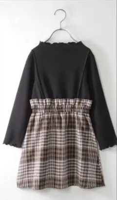 黒・茶色 チェック柄ワンピース 七分袖