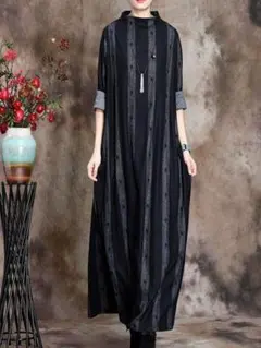 プリントワンピース マキシ丈 レトロ＆ゆったり 上品 ファッション 気質満点