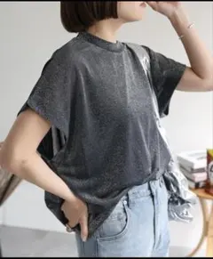 ラメフレンチスリーブトップス M ブラック