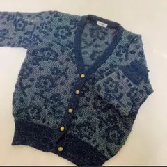 ラメ リブニットカーディガン ネイビー 花柄 古着