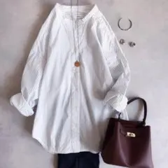 美品▲SHIPS any ストライプ バンドカラー シャツ 長袖 コットン Mのサムネイル