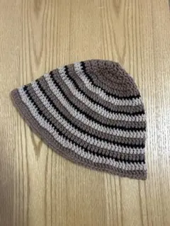 ビーニー　クラッシャーハット　ハンドメイド　男女兼用　ストライプ編み物ハット