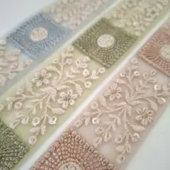 【208】パステルカラーインド刺繍リボン 1m×3色セット 最新作