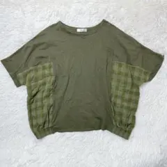 スマイルランド ニッセン 半袖Tシャツ 4L カーキ 異素材切替 チェック柄のサムネイル