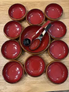 漆器 赤 お椀 13点 さじ2本 新品未使用