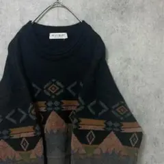 90s vintage 総柄ニット　セーター　メンズ　日本製　ウール　古着　A3